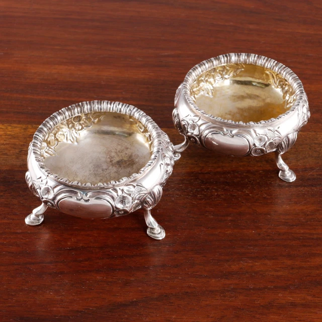 Daniel & Charles Houle English Sterling Silver Salt Cellars Repousse Floral