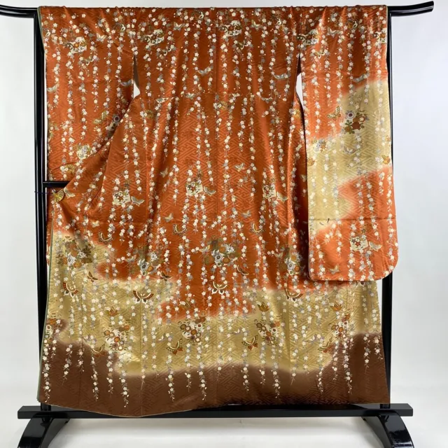 Japanese Silk Kimono Vintage Furisode Gold Cherry Blossom Butterfly Brown 61"