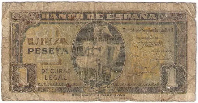 Spain banknote - 1 una peseta - year 1940 - ship Santa Maria - post-Republic