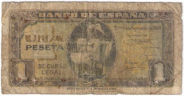 Spain banknote - 1 una peseta - year 1940 - ship Santa Maria - post-Republic