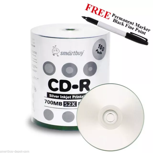 100 Smartbuy 52X CD-R 700MB Silver Inkjet Hub Printable Disc + Black Fine Marker