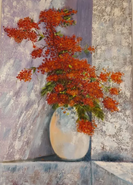 Pintura al óleo sobre lienzo "Flores rojas" Buganvilla en un jarrón" 50*70