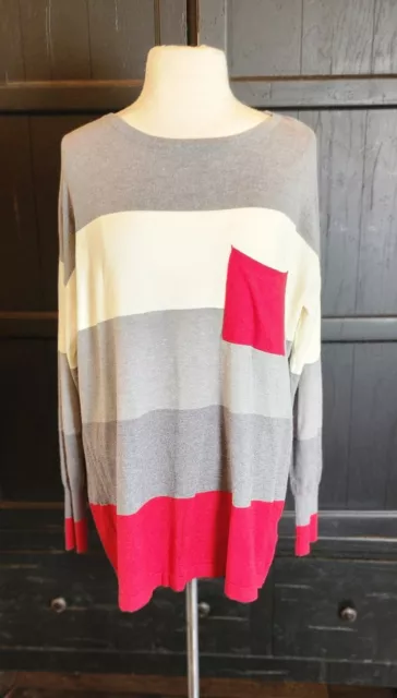 Lovestitch Long Pullover Sweater Gray Cream Red Striped Women's L Pre-owned