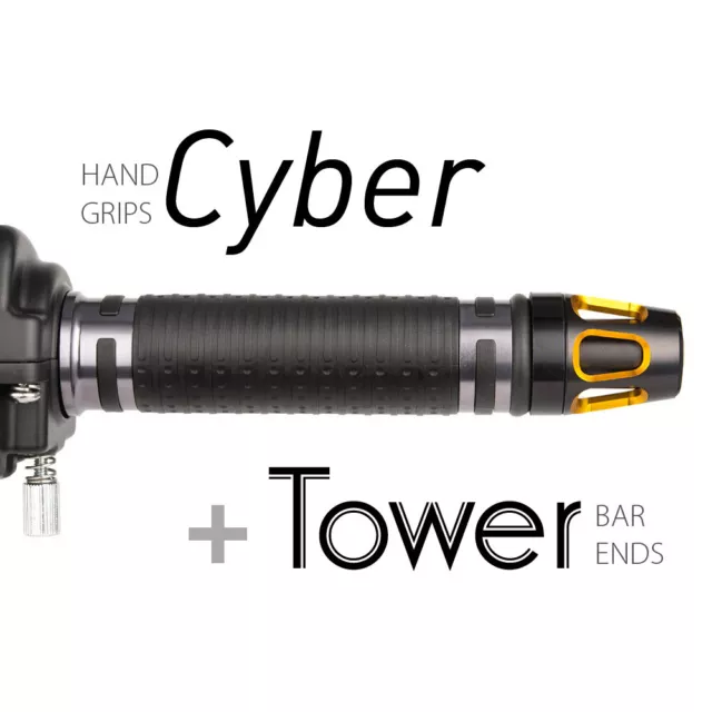 KiWAV Motorcycle Cyber Grips Dark Gray with Tower Bar Ends Gold/Black
