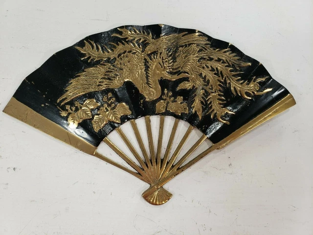 Vintage Solid Brass Chinese Fan Hand Painted Circa 1950 very Collectible