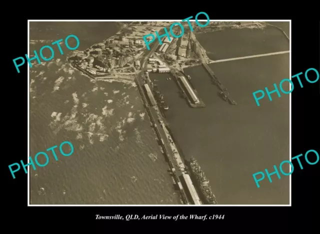 OLD LARGE HISTORIC PHOTO TOWNSVILLE QLD, AERIAL VIEW OF THE WHARF c1944