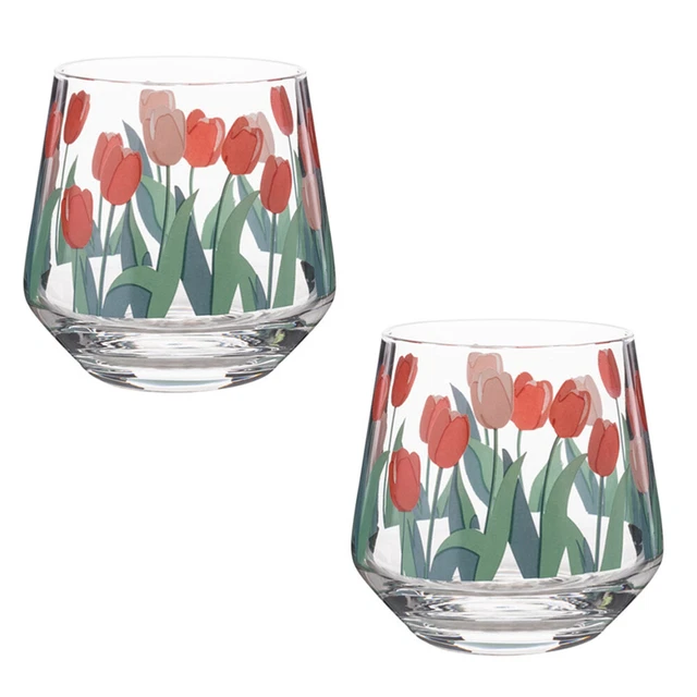 2PCS Retro Tulpenmuster Tasse literarische Kunst Mädchen Glas Tasse (Short