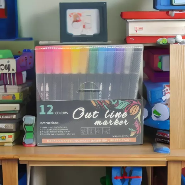Susliving Paint Outline Marker Pen Set of 12 Colour Marker Sets Back School Pen