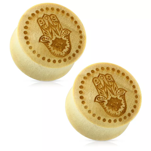 Pair of Organic Wood Hamsa Hand Symbol Ear Plug Ring 00 Gauge to 1 Inch 2 Design