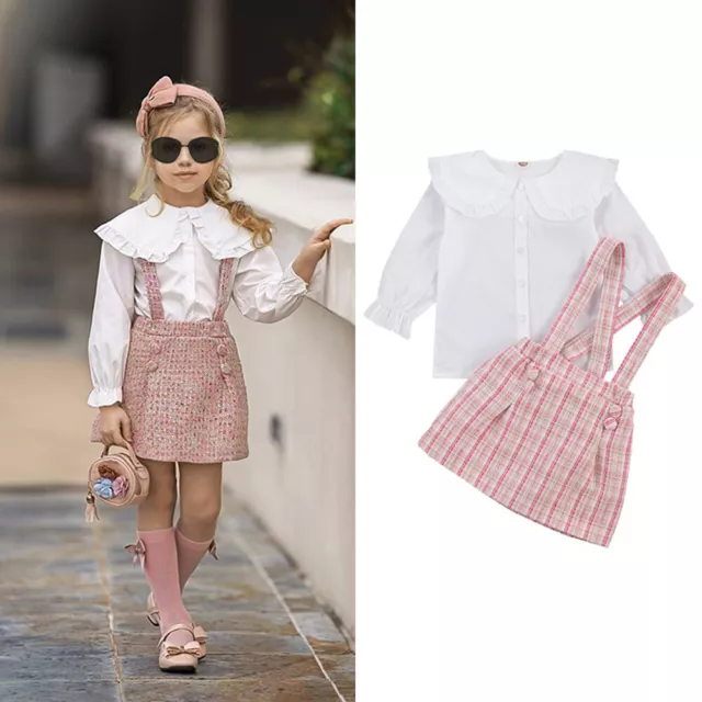 Toddler Kids Baby Girls Clothes Ruffle T-Shirt Tops Plaid Strap Dress Outfits