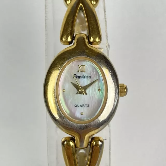 Vintage Armitron Watch Women Gold Tone Oval MOP Dial 18mm New Battery 7.5"
