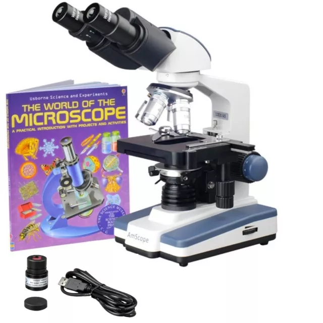 Amscope 40X-2000X Binocular LED Compound Microscope Kit + 3 MP  Camera + Book