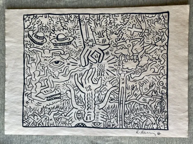 Keith Haring (Handmade) Drawing - Painting on old paper signed & stamped