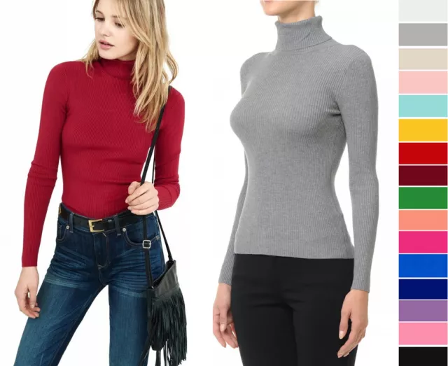 Women's Basic Turtle Neck Sweater Long Sleeve Ribbed Stretch Fitted Solid Colors