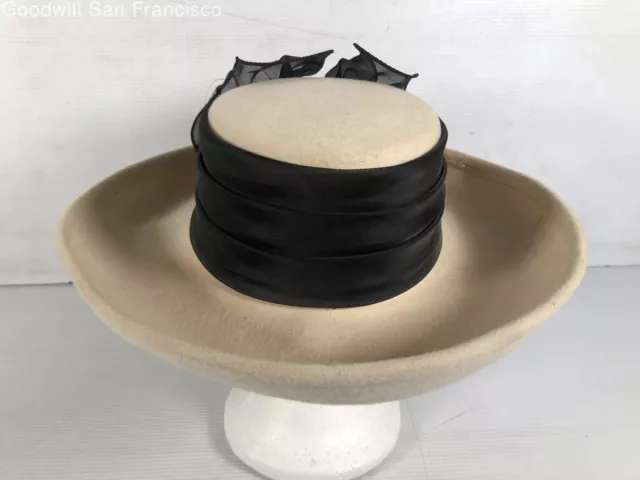 Vintage Sonni Womens Ivory Black Ribbon Wool Felt Wide Brim Classic Boater Hat