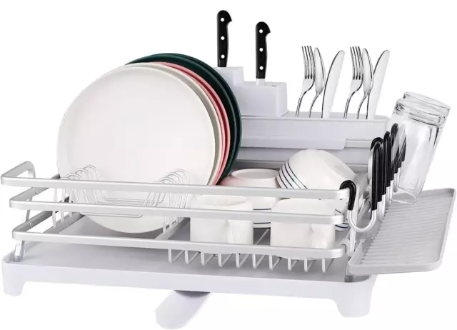 Compact Rustproof Aluminum Dish Drying Rack: Adjustable Swivel Spout, Silver R2