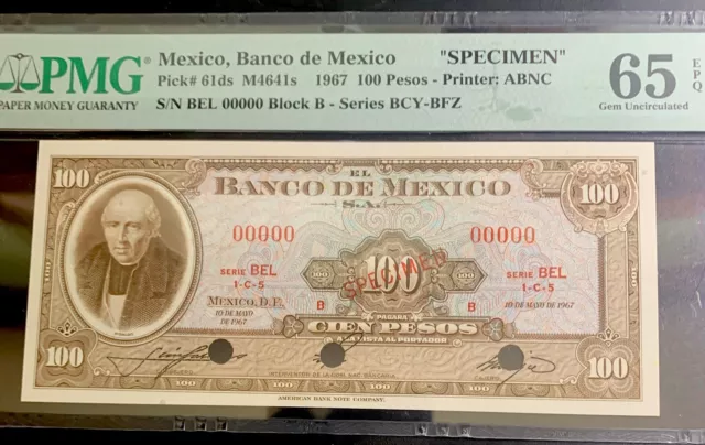 Mexico 1967 100 Pesos Specimen/ Pk61ds / PMG 65EPQ / Presidente Hidalgo Gem!