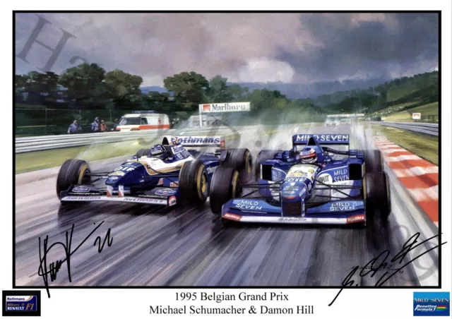 A3 1995 Belgian Grand Prix Michael Schumacher Damon Hill Signed Poster.