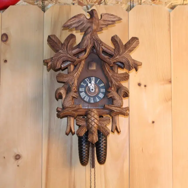 Large 8 Day German Black Forest Cuckoo Clock ~ Unusually Carved ~ Runs Good ~