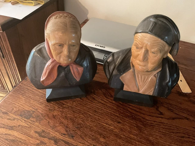 Vintage SWISS Hans Huggler Wyss LARGE Hand Carved Wood BUST OLD MAN & WOMAN Pair