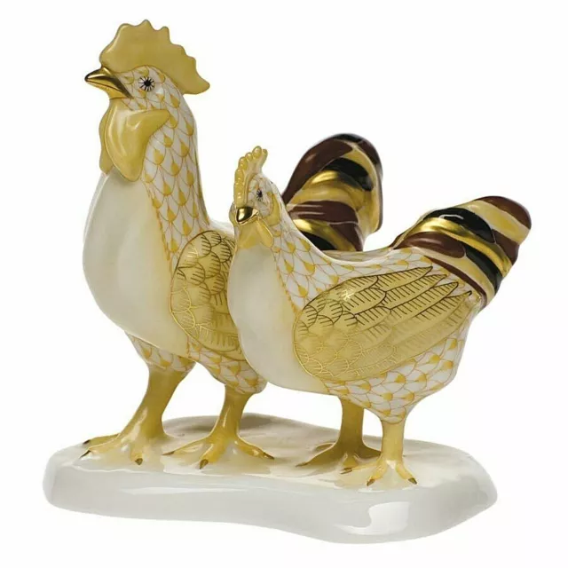 HEREND, ROOSTER w/ HEN PORCELAIN FIGURINE, BUTTERSCOTCH FISHNET, FLAWLESS