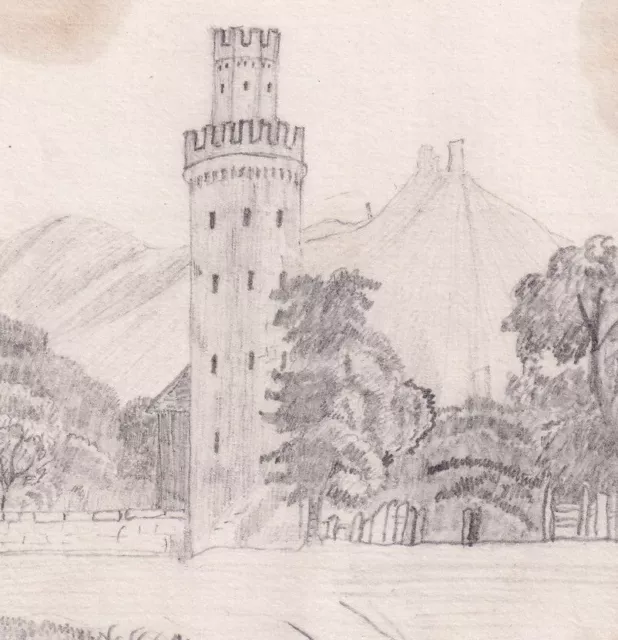Castle turret landscape pencil drawing antique 19th century English School