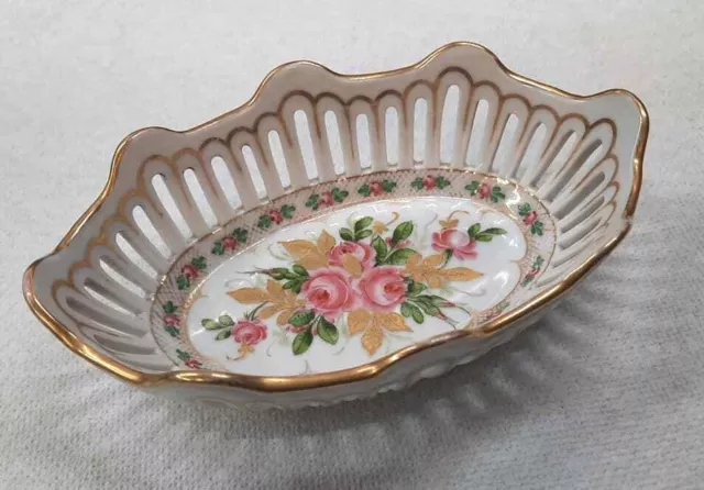 Antique Porcelain Bowl OVAL Germany Reticulated GOLD ROSES