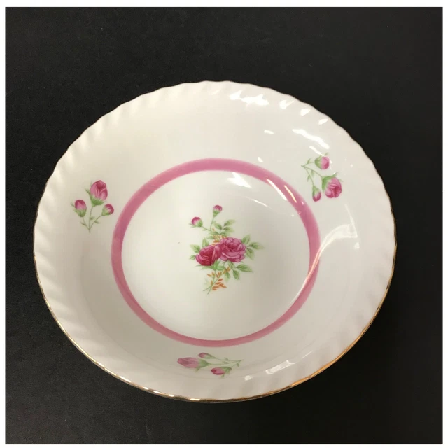 Serving Bowl Hand Painted Red Pink Roses Gold Trimmed Scalloped Rim 7in" Vintage