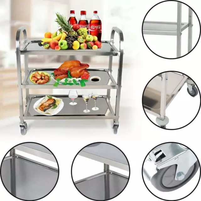 3 Tier Kitchen Hotel Trolley Stainless Steel with Wheels Bar Serving Catering UK