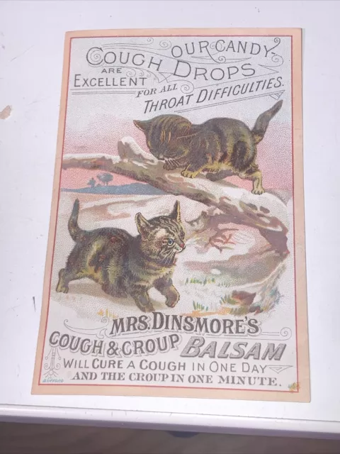 1880s Victorian Trade Card Mrs Dinsmore's Candy Cough & Croup Balsam Mass Cats