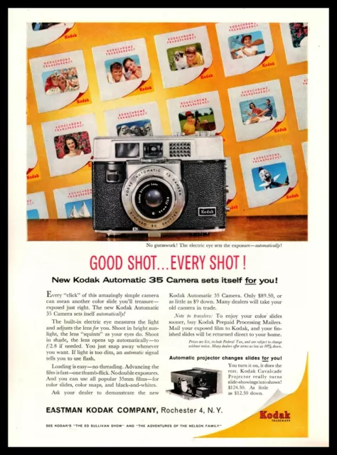 1960 Eastman Kodak Automatic 35mm f/2.8 Lens Camera & Projector Vintage Print Ad