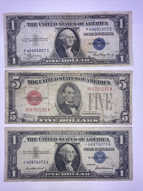 1928 ($5) Five Dollar Red Seal Legal Tender 1935-1957 ($1) One Dollar Blue Seals