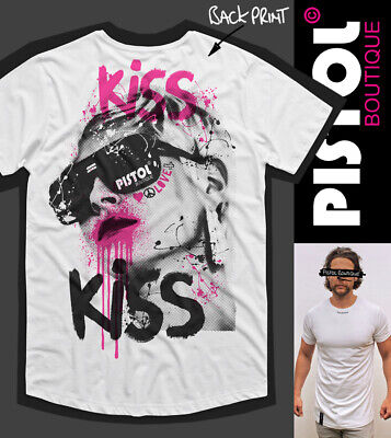 Pistol Boutique Uomo Bianco lunga linea Crew Occhiali da sole ragazza KISS Indietro Stampa T-shirt