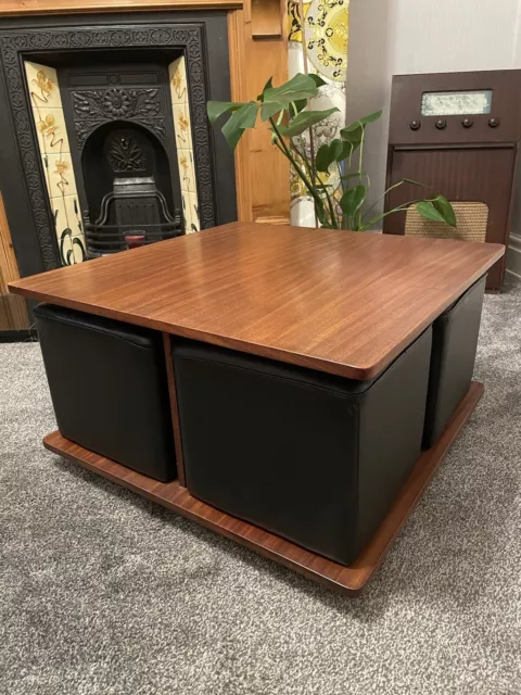 1960s RARE Teak Square Coffee Table With Four Black Cube Nesting Tables, Stools