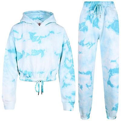 Kids Girls Tie Dye Blue Tracksuit Gym Cropped Hoodie Sweatpants Cord Outfit Set