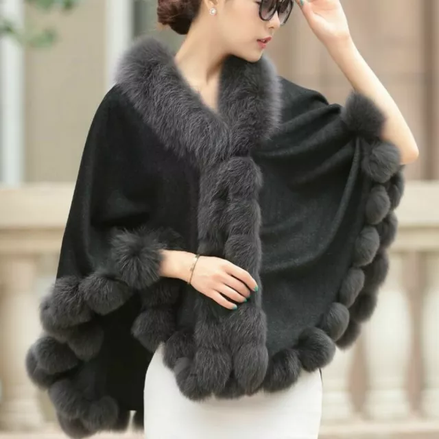 Real Wool Cashmere Cape Coats Real Fox Fur Trim All Round Cloak Poncho Wraps