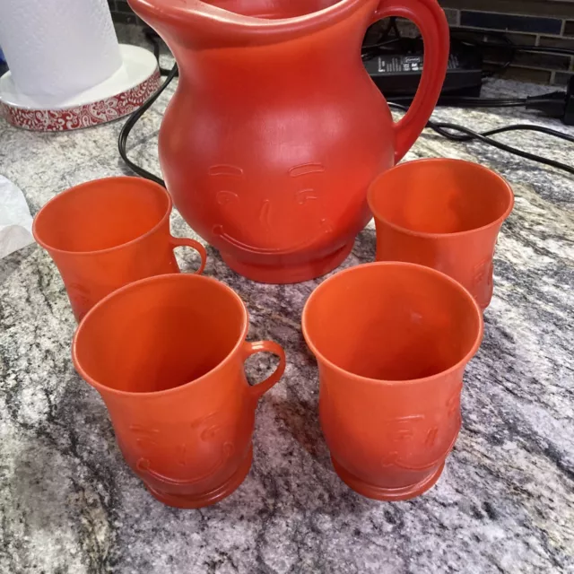 Vintage Kool-Aid Man Smile Face Red Pitcher with 4 Drink Cups Plastic Set