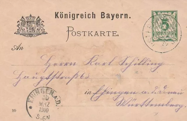 Allemagne Bayern Entier Postal Circule 29.3.1900 Bon Etat