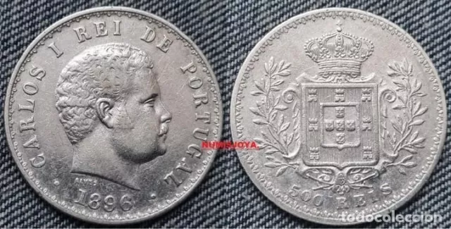 PORTUGAL 500 REIS PLATA CARLOS I año 1896. Peso 12,50 gr. BONITA en MBC+/EBC-.