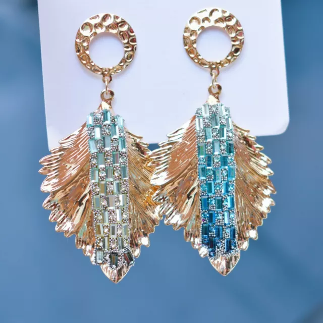 Earrings Dangle Light Gold Blue Crystal Big Drop Statement Large Shiny Party New