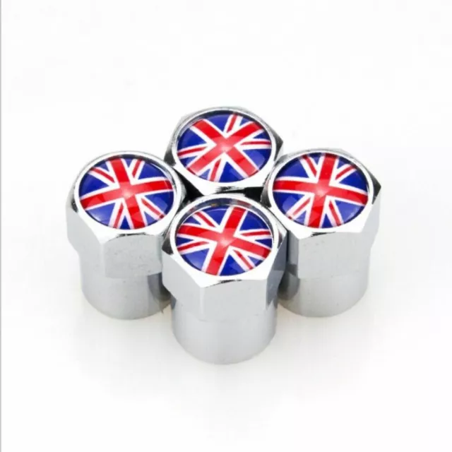 4 x Universal Metallic Legierung Reifen Ventil Staubkappen Union Jack UK Auto Fahrrad Chrom