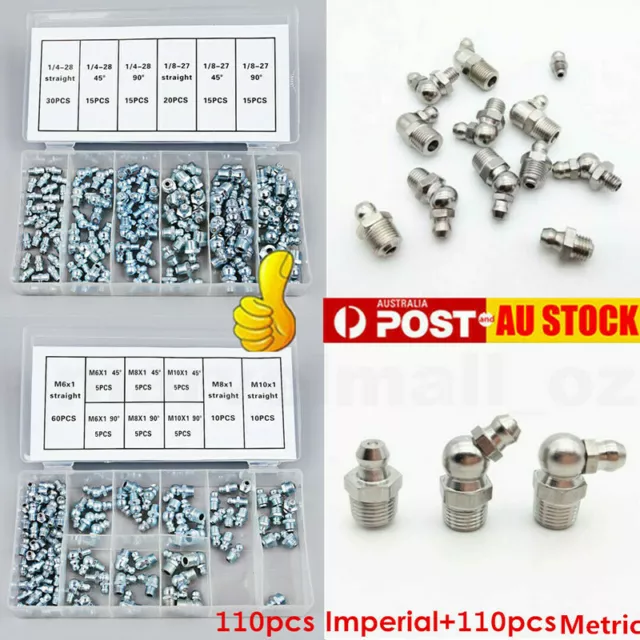 220pcs Hydraulic Grease Nipple Metric Imperial Mechanical Lubricant Fitting Kit