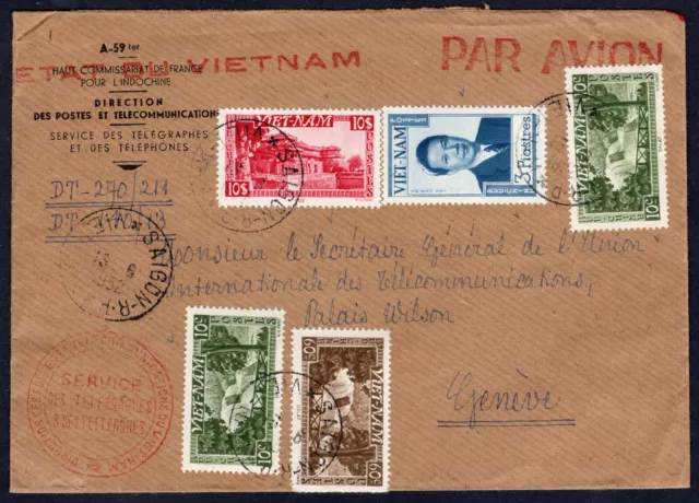 Vietnam 1952 airmail cover with multifranking Saigon to Suisse Telegraph cancel