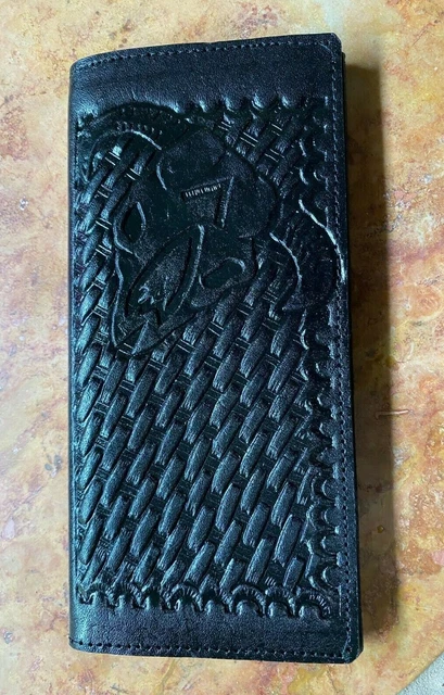 Long Tooled Leather Bifold Wallet Basket Weave Longhorn Steer Skull BLACK