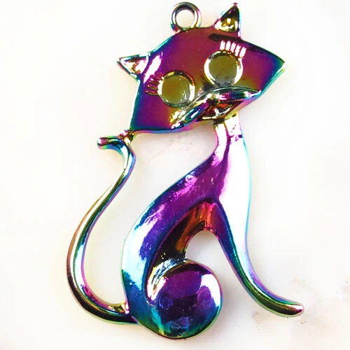 6Pcs Rainbow Plated Tibetan Silver Carved Cat Pendant Bead 46x32x4mm XJSH657