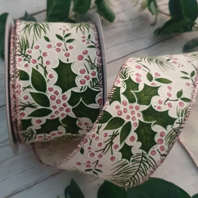 Wired Hessian Holly Christmas Ribbon Ivory Pink & Green Fern Cake Wreath