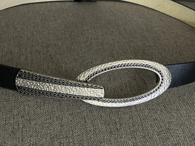 Chicos Women's Black Leather Belt S/M Silver Oval Buckle Adjustable
