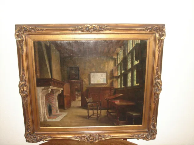 Large old oil painting,{ Indoors scene, Belgium school, is signed, nice frame }.