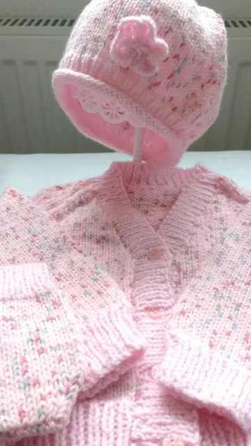 New Hand Knitted Girls Cardigan Hat Mittens Pink Speckle Size Chest  26 in