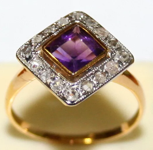 ANTIQUE FRENCH ART DECO R W 18k GOLD ROSE CUT DIAMOND AMETHYST FINE RING c 1919